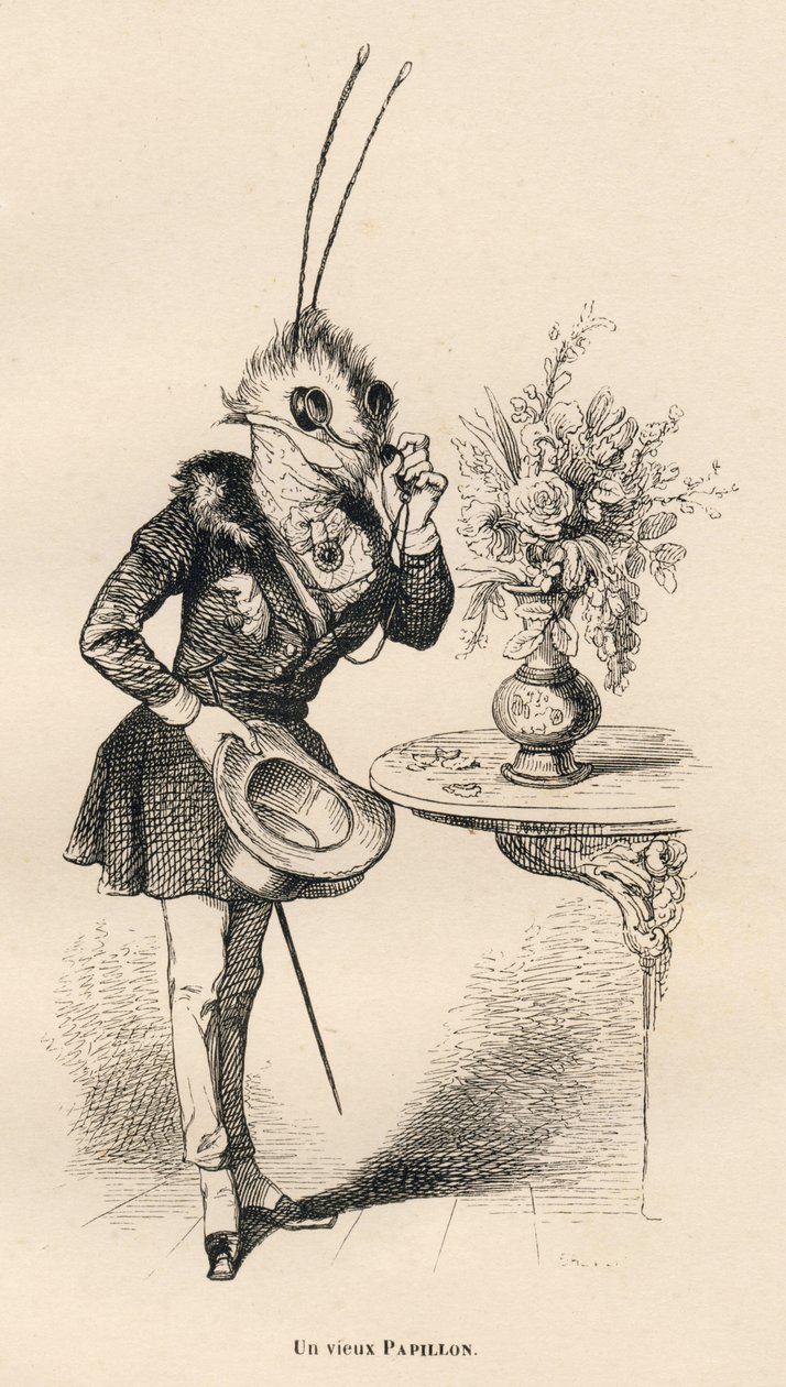 En gammel sommerfugl ser på tiden med brillene. Miniatyrbilder illustrert av JJ Granville. Gravering signert Breviere i delen med tittelen "The adventures of a butterfly" skrevet av PJ Stahl i "Scener fra dyrenes private og offentlige liv". Paris, J. av Grandville