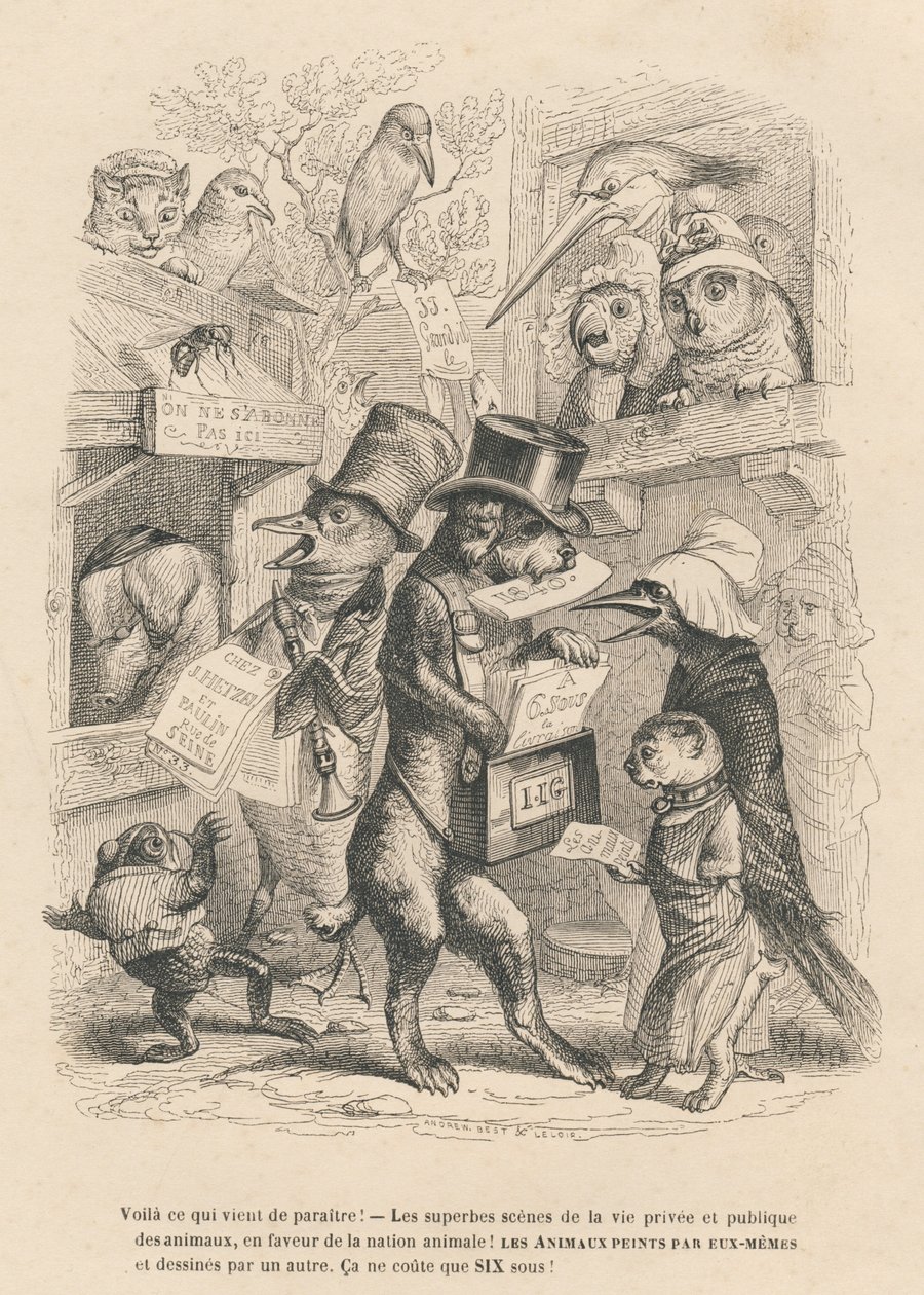 Her er det som nettopp dukket opp. Katt og fugl selger denne boken for seks øre. Miniatyrbilder illustrert av JJ Granville. Gravering signert Andrew, Best og Leloir i prologen med tittelen "Parlamentary Summary" skrevet av PJ Stahl i "Scenes de la vie" av Grandville