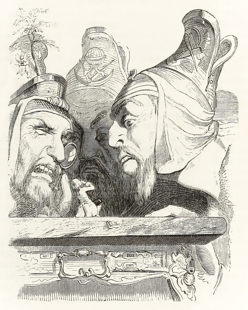 Gulliver blir inspisert av innbyggere i Brobdingnag, fra Gullivers Travels av Jonathan Swift av Grandville