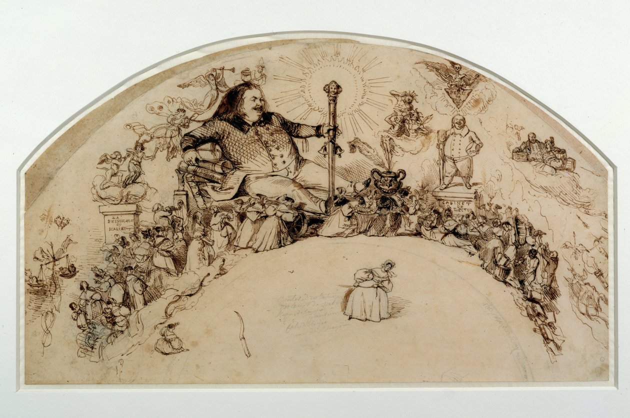 Honore de Balzac (1799-1850) blant karakterer fra romanene hans, design for en fan av Grandville