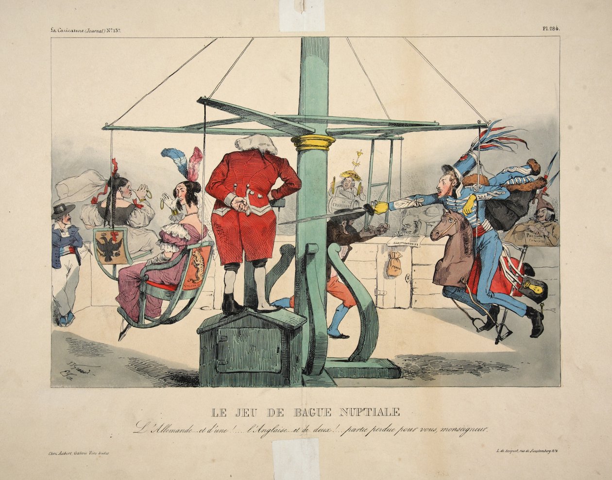 The Brude Ring Game. Den tyske... og en!... den engelske... og to!... spillet tapt for deg, Monsignor, pub. 1833 av Grandville