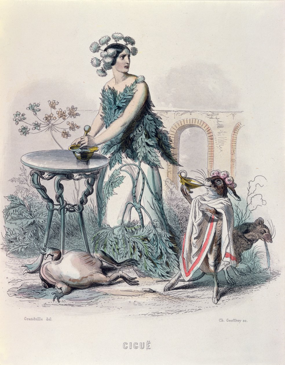 Hemlocken, fra 'Les Fleurs Animees', gravert av Charles Goeffroy (1819-82), 1847 (fargegravering) av Grandville