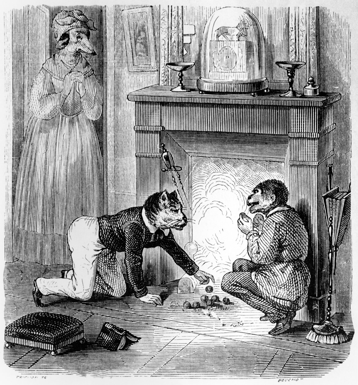 The Monkey and the Cat, illustrasjon for 'Fables' of La Fontaine (1621-95), utgitt av H. Fournier Aine, 1838 av Grandville