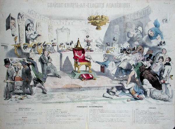 Grande Course au Clocher Academique, karikatur som viser Institut de France, 1839 (se også 218693) (fargegravering) av Grandville 1803 47 after Grandville 1803 47 after