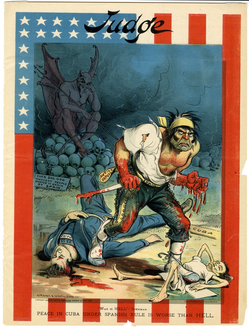 War is Hell - Sherman, Peace in Cuba under Spanish Rule is Worse Than Hell, illustrasjon fra Judge, 30. april, 1898 av Grant E. Hamilton