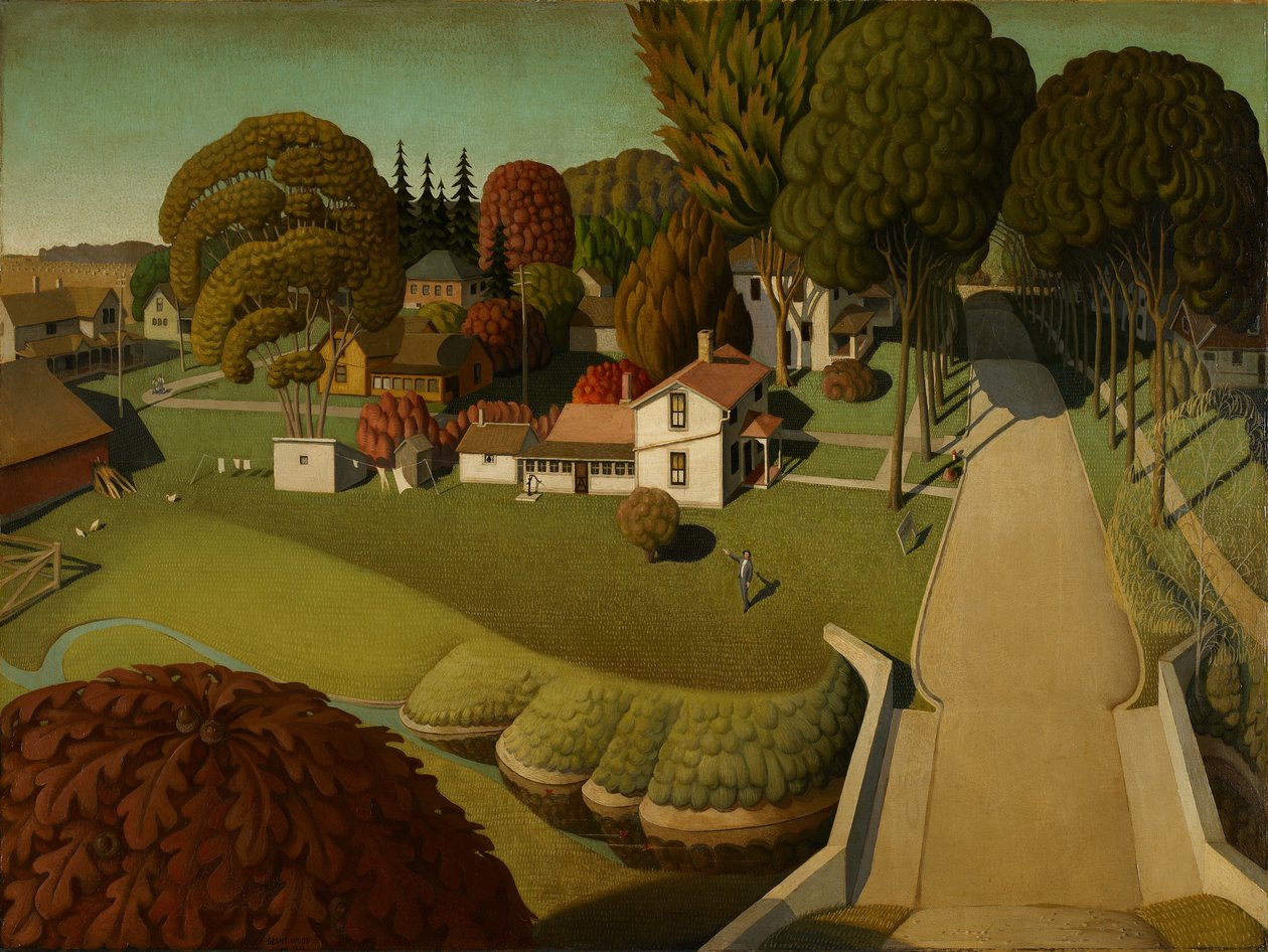 Fødestedet til Herbert Hoover, West Branch, Iowa, 1931 (olje på masonitt) av Grant Wood