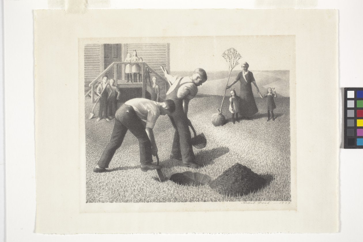 Treplantingsgruppe (litografi) av Grant Wood
