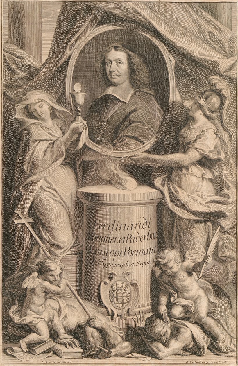 To kvinneskikkelser, religion og visdom, holder portrettet av Ferdinand von Fürstenberg, mens deres genier, kjetteri og uvitenhet, faller til bakken for føttene. av Gérard Edelinck