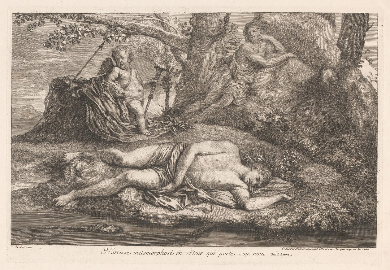 Narcissus i ekko Narcissus metamorfosert til en blomst som bærer navnet hans (tittel på objektet) av Gérard Audran