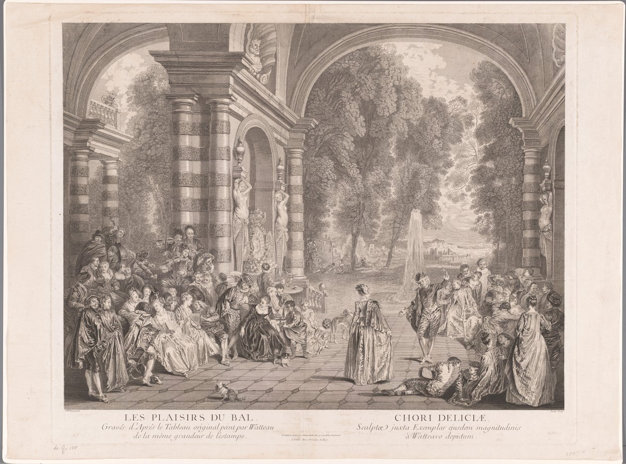 Elegant selskap på en terrasse med utsikt over en park Les Plaisirs du Bal (tittel på objekt) av Gérard Jean Baptiste Scotin (II)