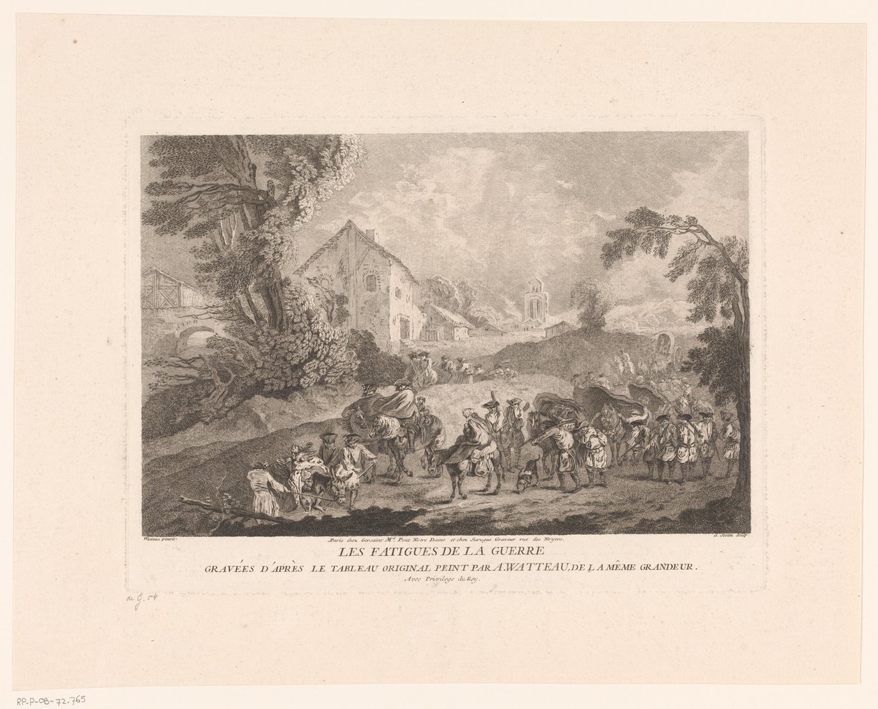Landskap med en gruppe soldater som marsjerer sammen Les Fatigues de la Guerre (tittel på objekt) Trykk etter Antoine Watteau (serietittel) L
