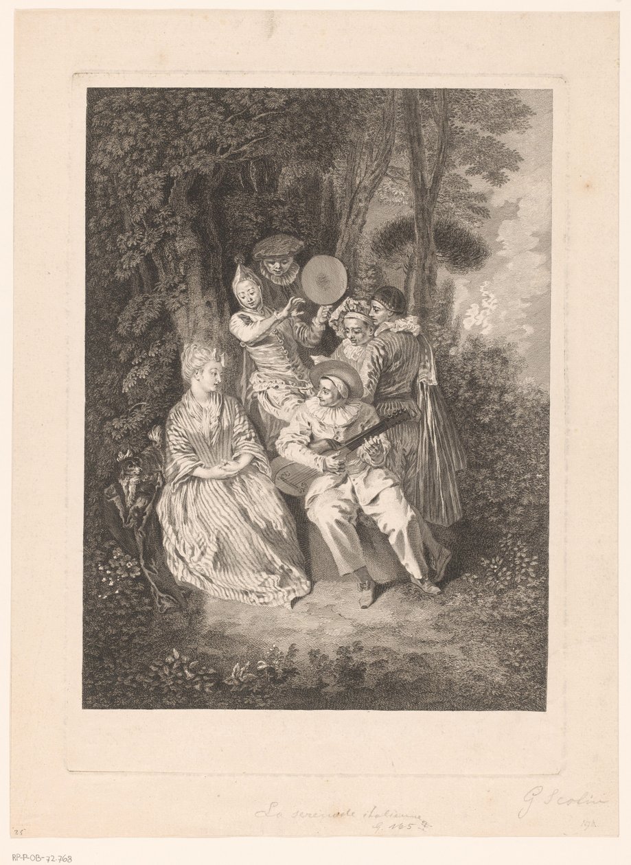 Parklandskap med teaterfigurer som serenade en dame La Serenade Italienne (tittel på objekt) Trykk etter Antoine Watteau (serietittel) L