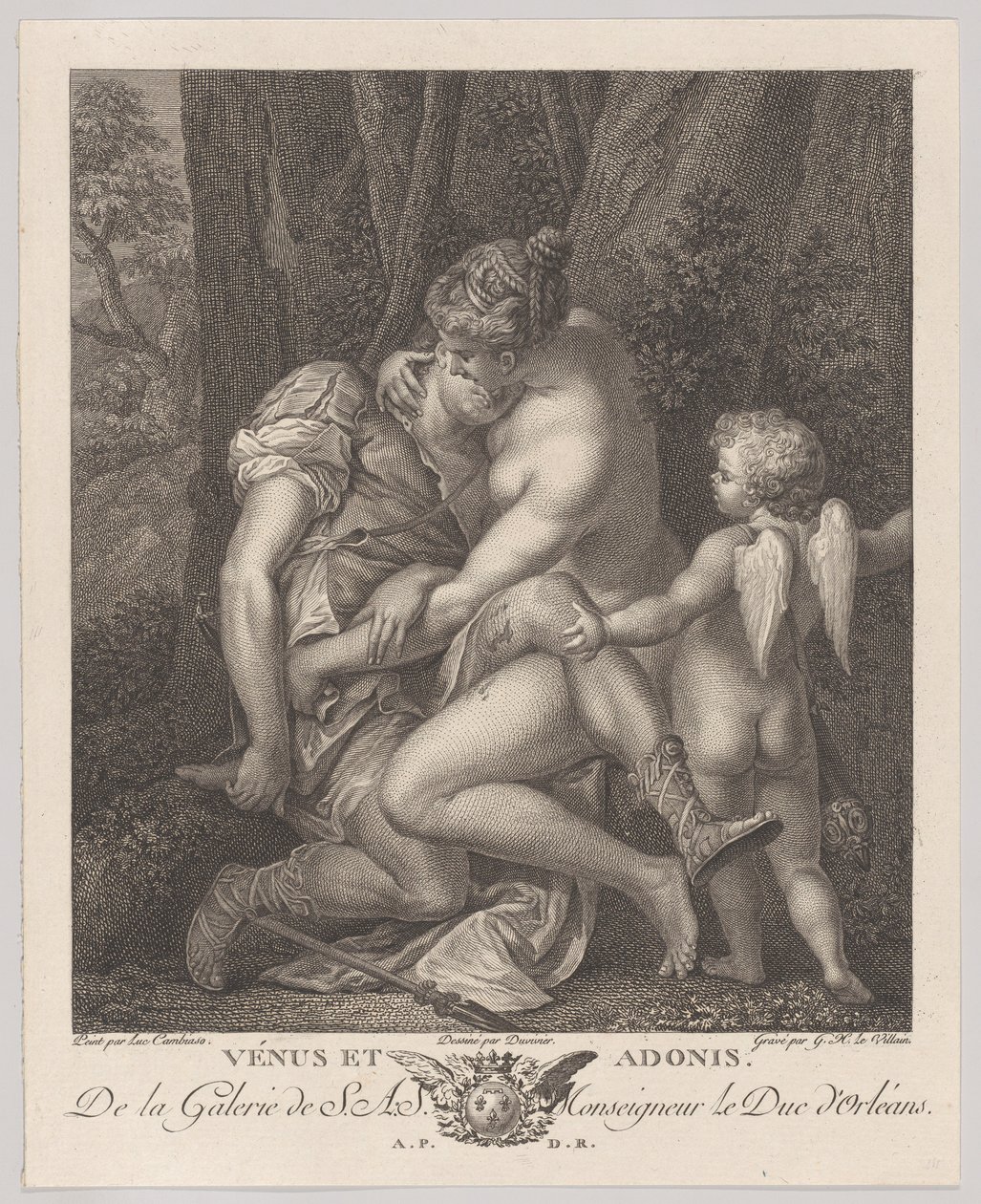 Venus sørger over Adonis, satt under et tre og omfavnet ham, med Amor til høyre, ca. 1786. av Gérard René Le Vilain