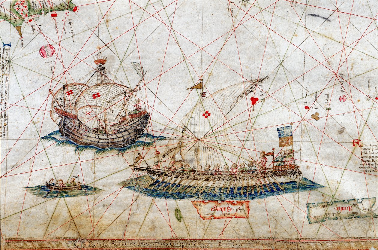 Detalj av høye masteskip fra Nautical Chart av Grazioso Benincasa (Rot.3), i universitetsbiblioteket i Bologna. av Grazioso Benincasa