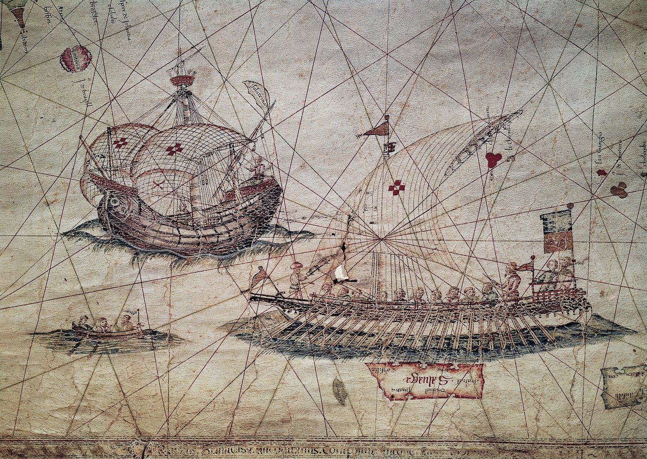 Bysse og portugisisk karavel, detalj fra sjøkartet over Middelhavet av Grazioso Benincasa
