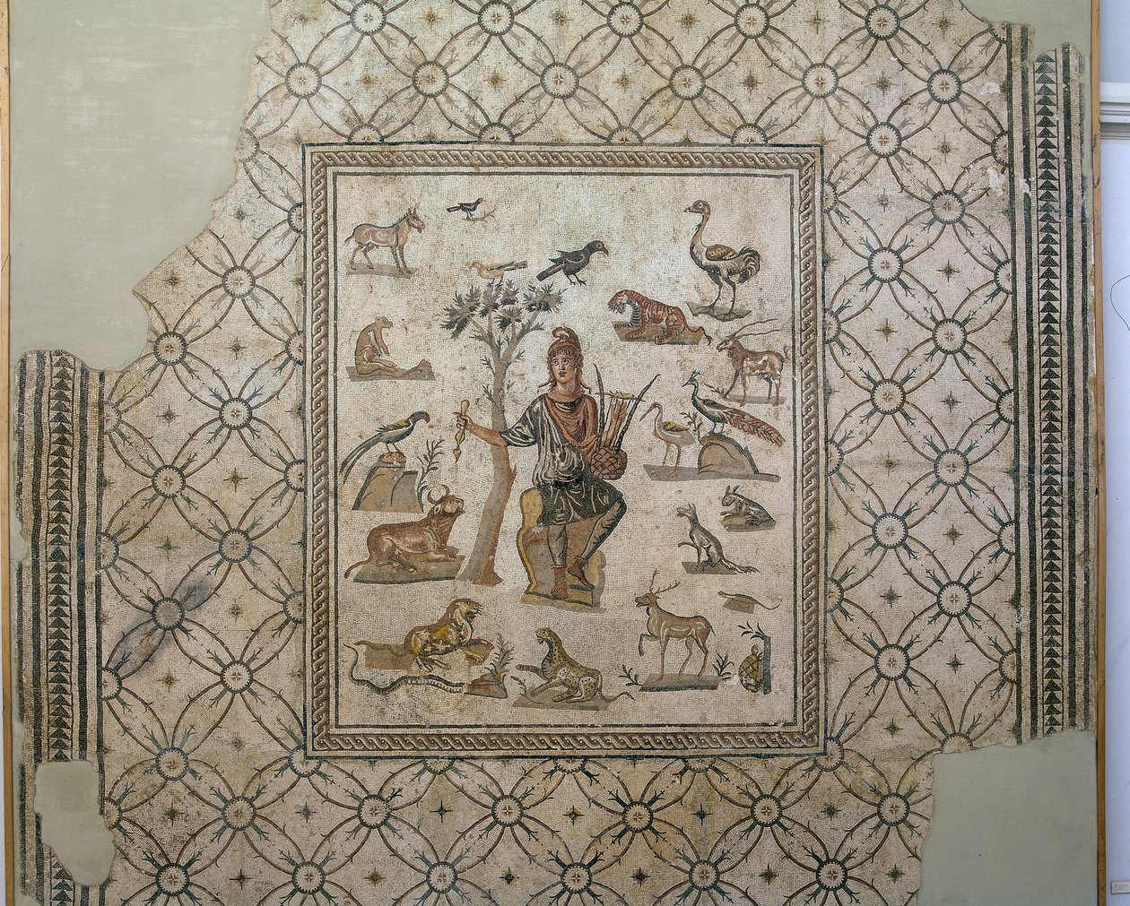 Orpheus omgitt av dyr, polykrom mosaikk av Greco Roman Greco Roman