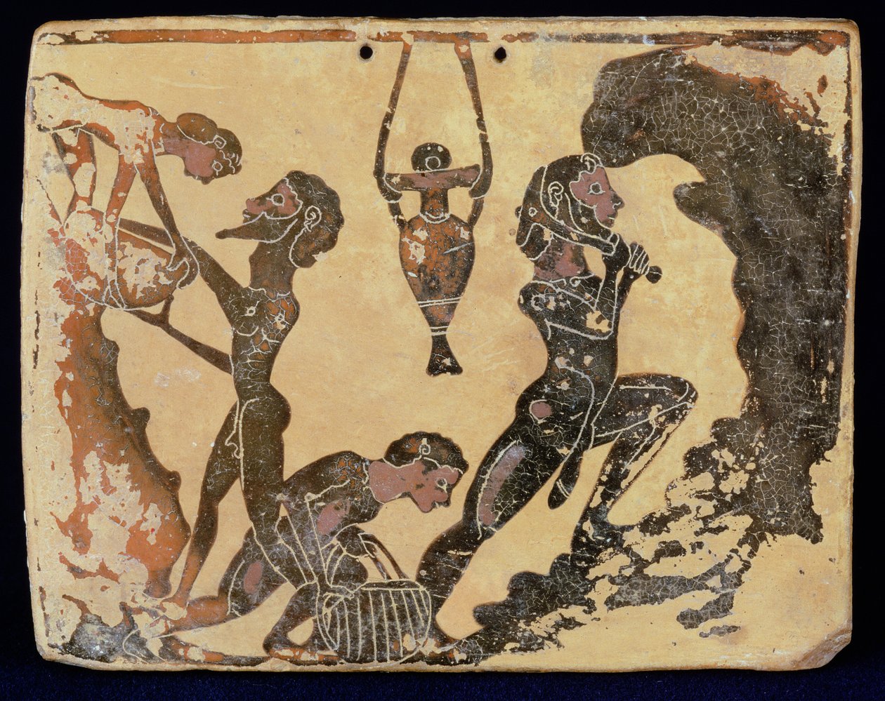 En korintisk plakett som viser arbeidere i en leirgrop, fra Penteskophia nær Korint, 575-550 f.Kr. (leire) av Greek