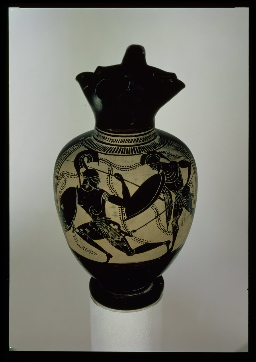Athensk oinichoe med svart figur dekorert med to kjempende krigere (keramikk) av Greek