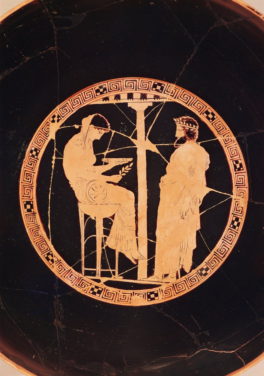 Den athenske rødfiguren kylix som skildrer Aegeus, kongen av Athen, som konsulterer Delphic Oracle (keramikk) av Greek