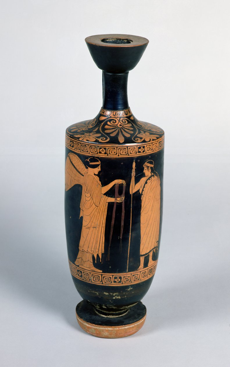 Attic Lekythos, som viser en nike (bevinget seier) som tilbyr en krans til en ungdom, ca. 480-470 f.Kr. (keramikk) av Greek
