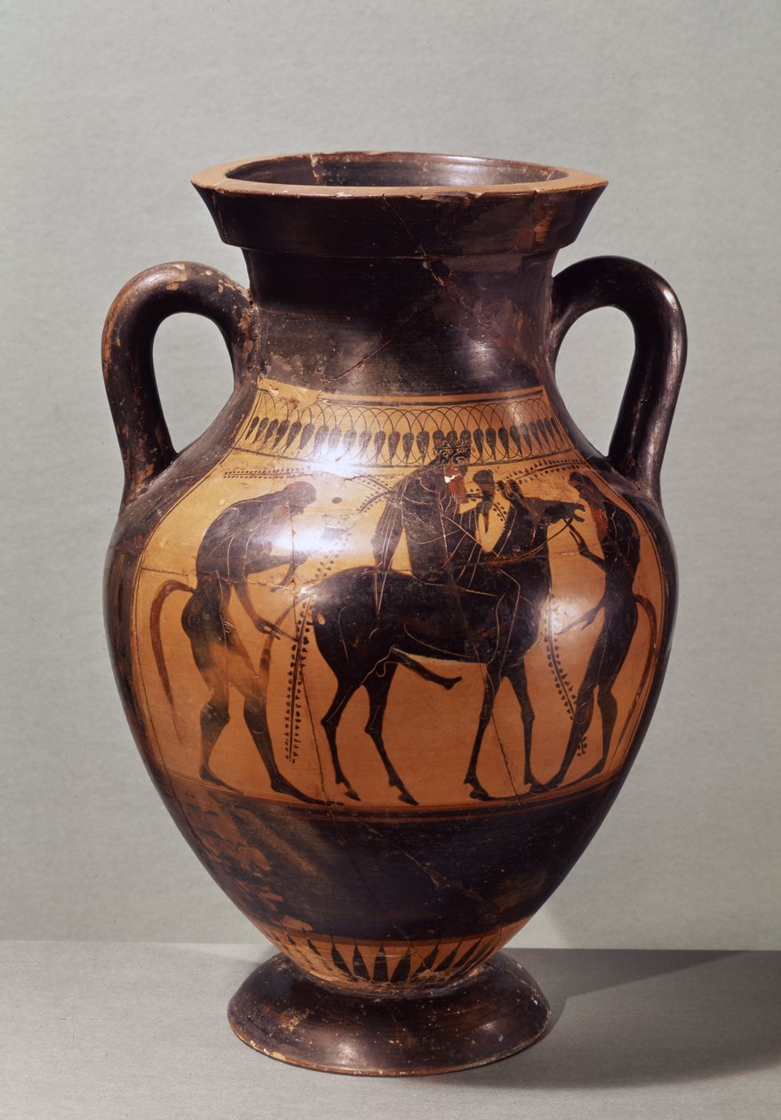 Attisk svart, figuramfora som viser Dionysos på et muldyr og to Silener, ca. 510 f.Kr. (keramikk) av Greek