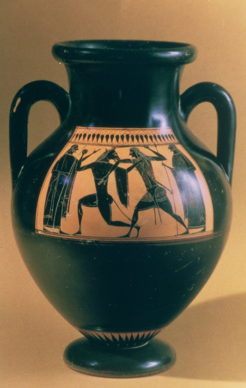 Attisk svart figuramfora som viser Theseus og Minotauren, ca. 540-30 f.Kr. (lertøy) av Greek