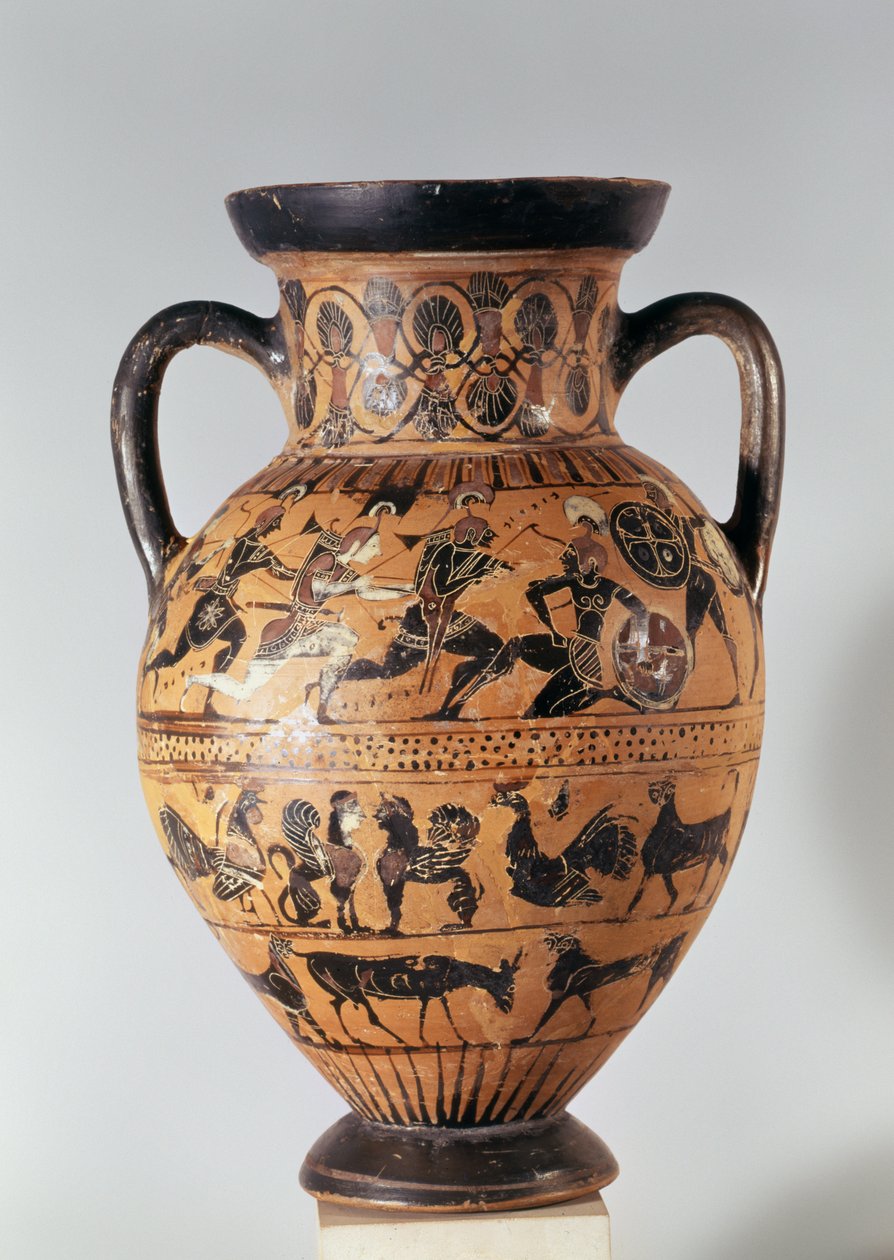 Attic svart figur amfora som viser krigere som kjemper og fantastiske dyr (keramikk) av Greek