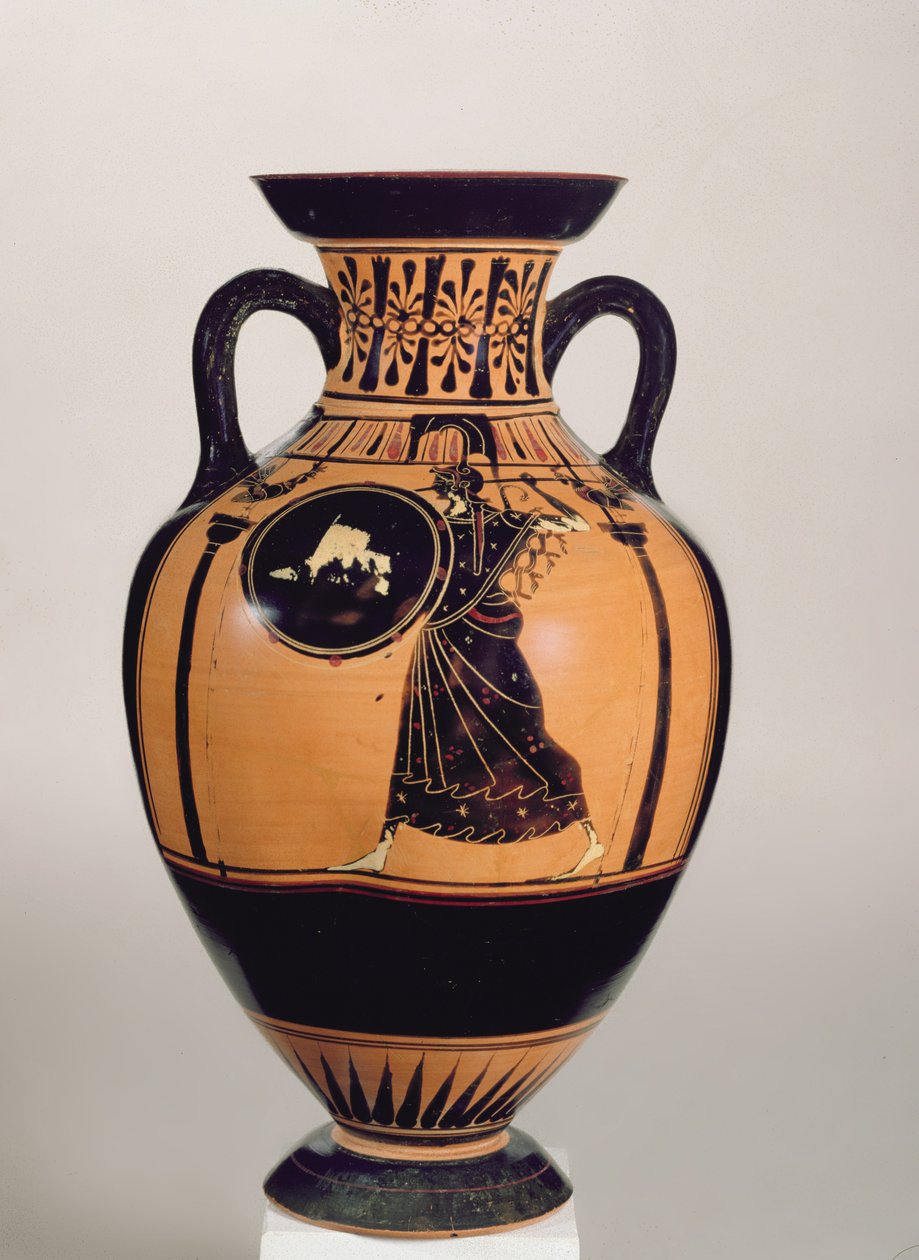 Attisk svartfigur Pseudo-Panathenaic Amphora, ca. 500 f.Kr. (keramikk) (for detaljer se 293754) av Greek