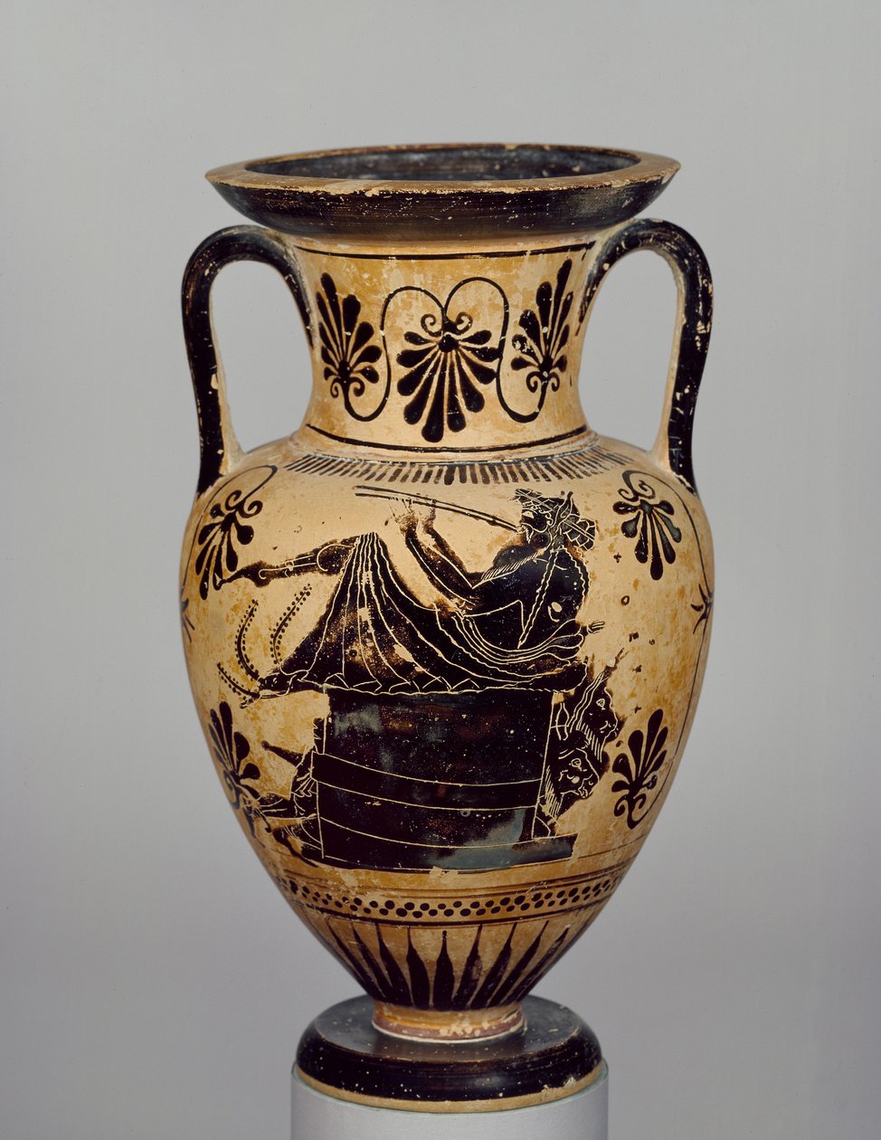Attic svart-figur amfora en musiker som spiller piper (keramikk) (for omvendt se 103376) av Greek