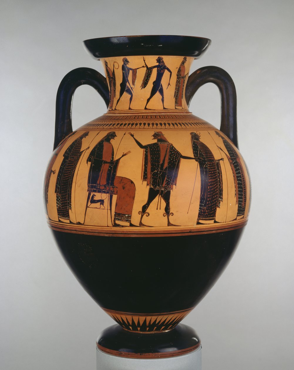 Attisk svartfigur amfora dekorert med scener av Zevs og Hermes, av Affecter Painter, ca. 540-525 f.Kr. (keramikk) av Greek