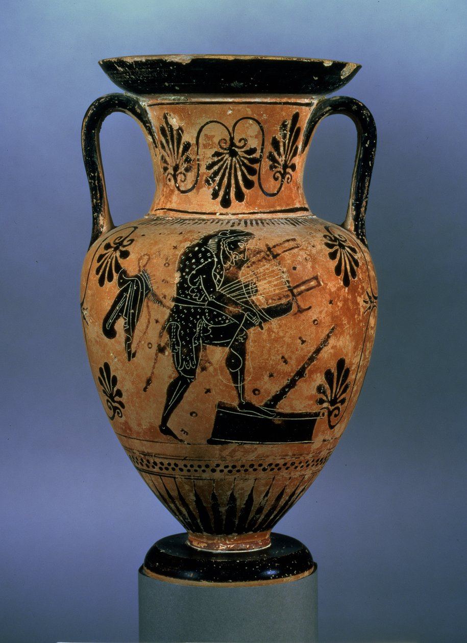 Attisk amfora med svart figur som viser Orpheus som spiller lyre (keramikk) (for omvendt se 419828) av Greek