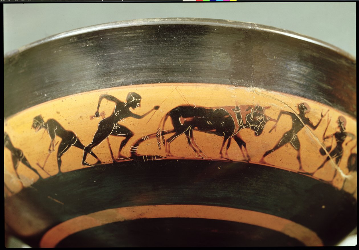Attisk kopp med svart figur som viser arbeidere i et felt, fra Athen, ca. 530 f.Kr. (keramikk) (detalj) av Greek