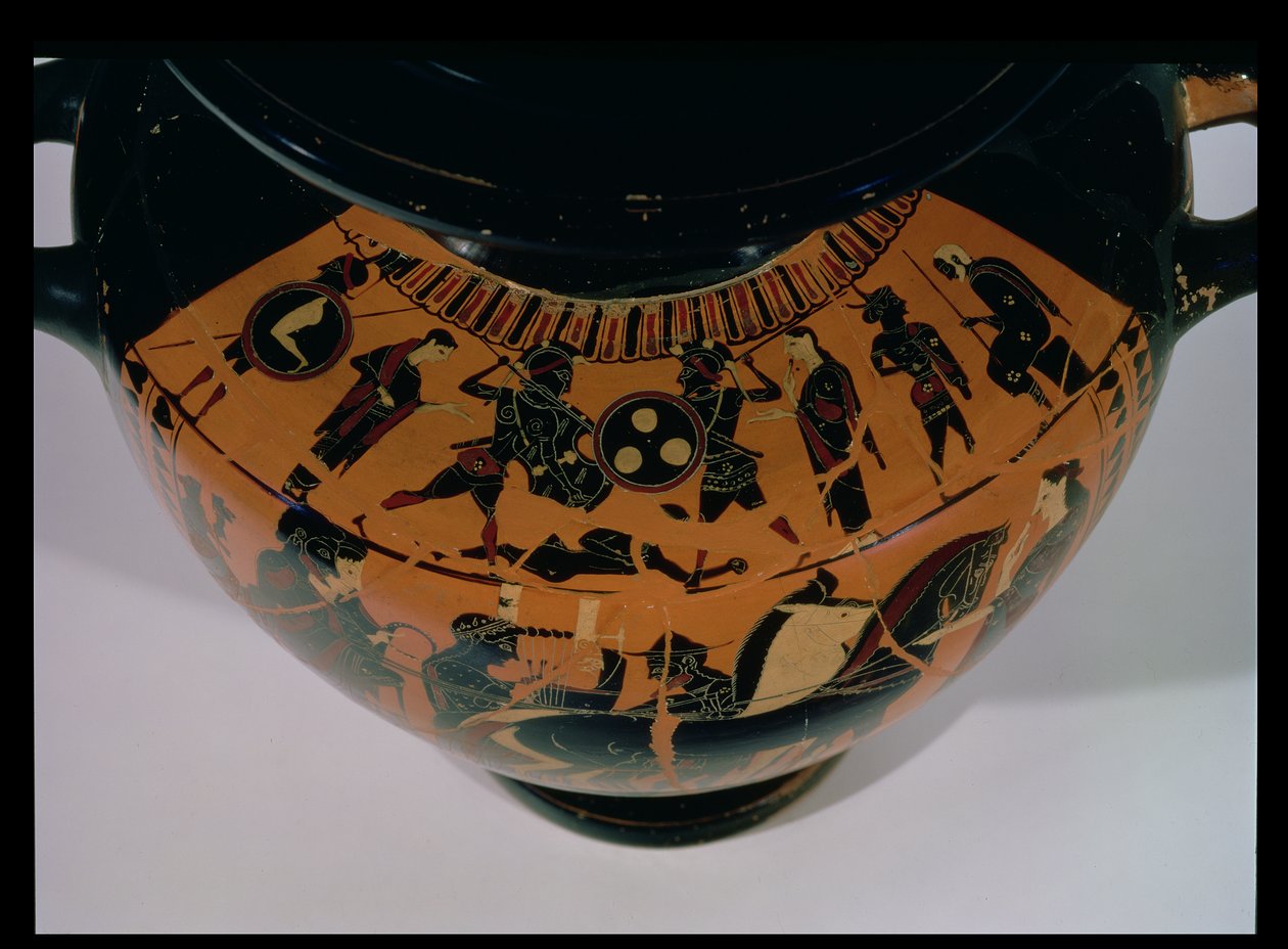 Attisk svartfigur hydria, detalj av skulderen dekorert med en kampscene, keramikk fra 600-500-tallet f.Kr. av Greek