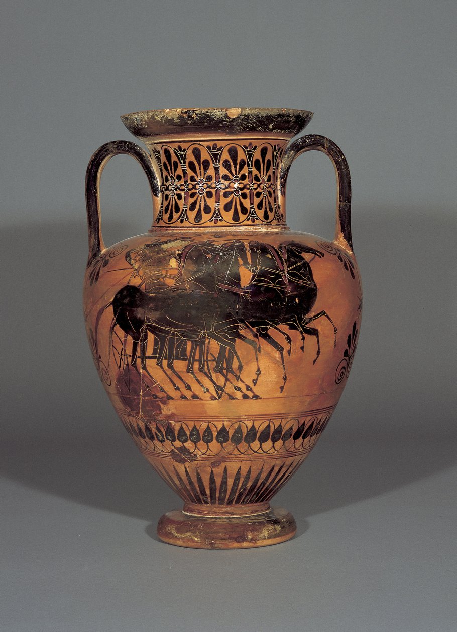 Attisk svart-figur hals amfora som viser Athena i en quadriga, 530-530 f.Kr. (leire) av Greek