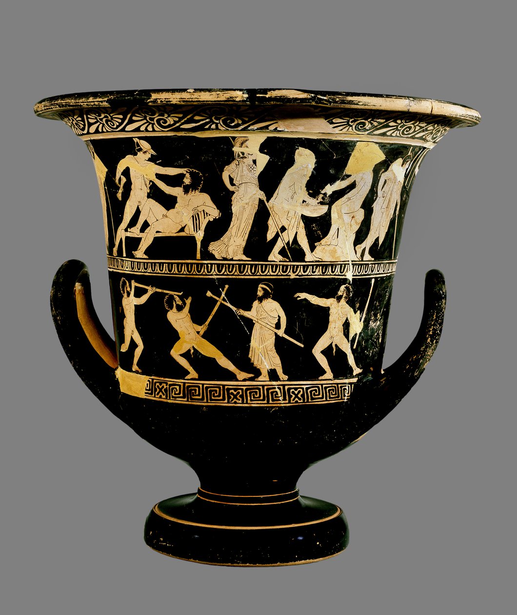 Loftsbegerkrater med røde figurer med to overlagrede bildefriser som viser livet til Theseus over og Prometheus, satyrer og andre figurer under, 425 f.Kr. (keramikk) av Greek
