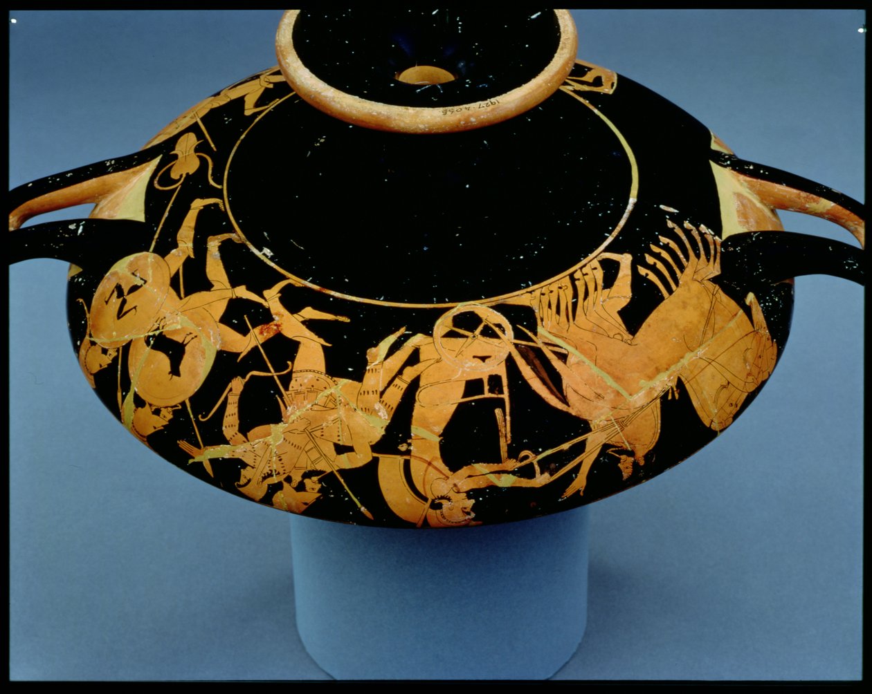 Loftskopp med rødfigur dekorert med en vognfører og krigere, av Oltos, ca. 510 f.Kr. (keramikk) av Greek