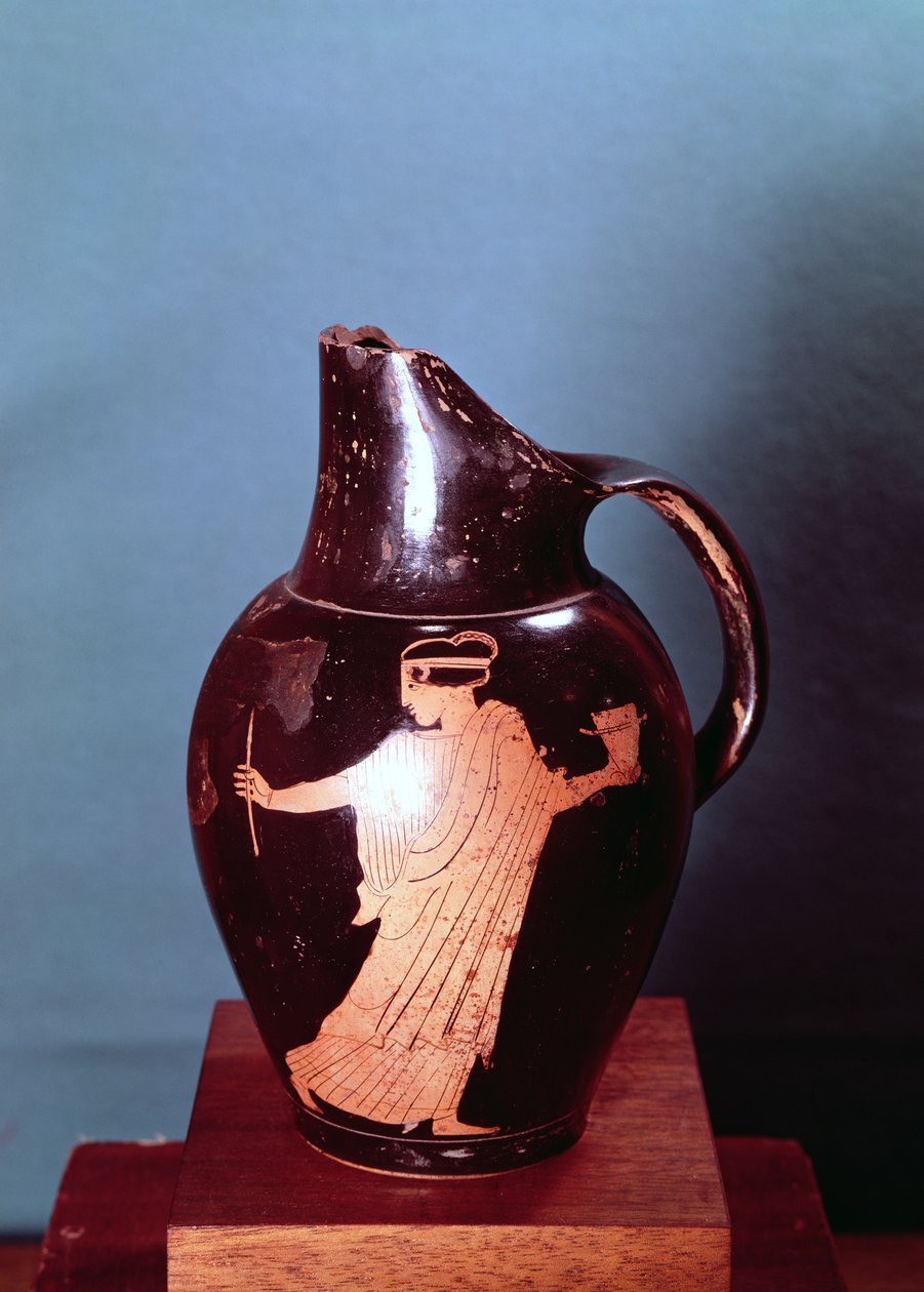 Attic rødfigur oinochoe, som viser trollkvinnen Circe som blir forfulgt av Ulysses (keramikk) (se også 190217) av Greek