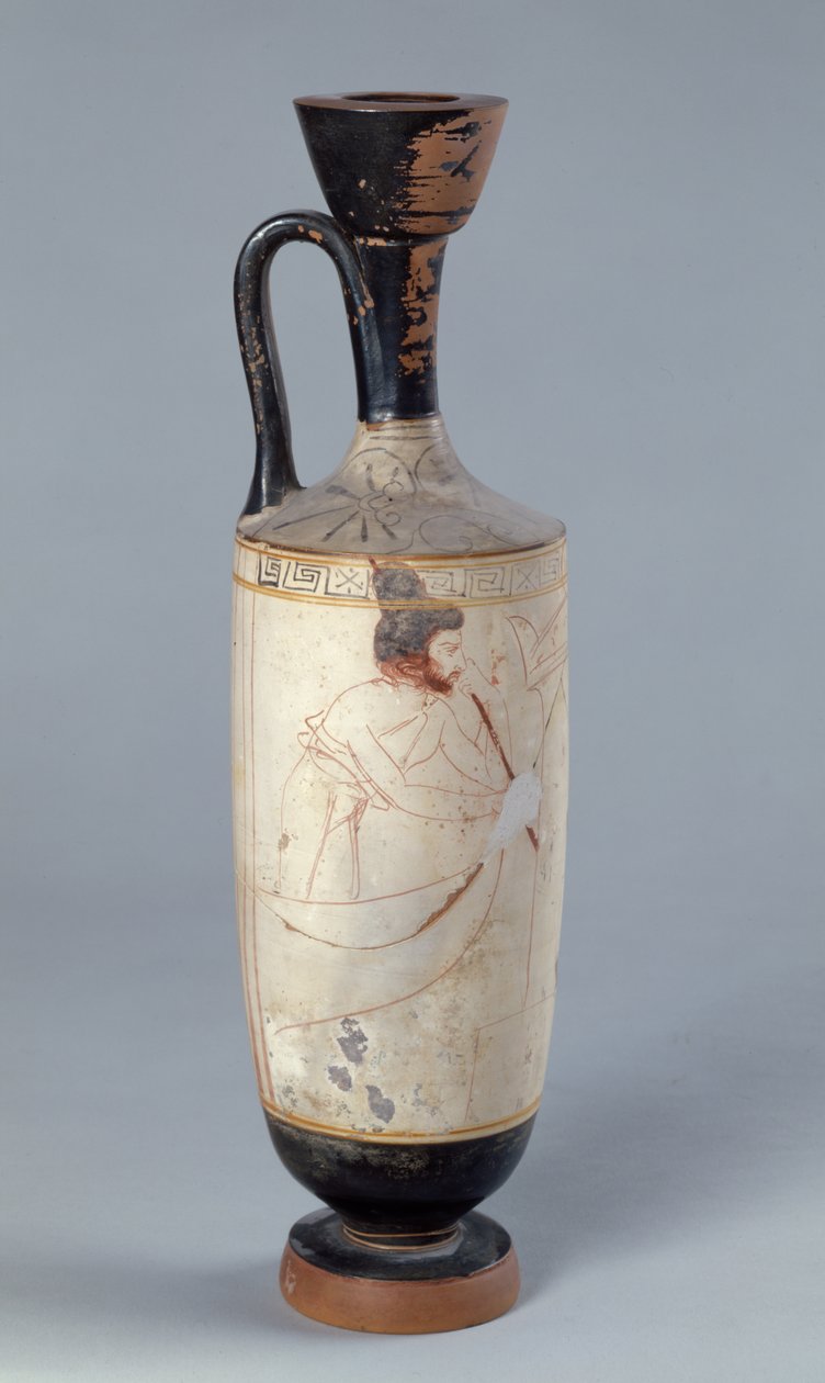 Attic white ground lekythos som viser Charon, fergemannen i underverdenen som mottar sjelen til en død person, ca. 420 f.Kr. (keramikk) av Greek