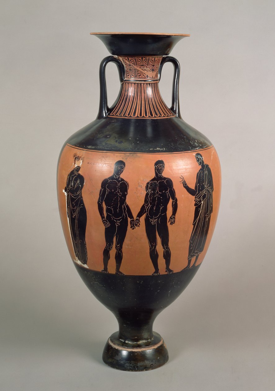 Svartfigur Panathenaic-prisamfora, som viser to boksere, en trener og Olympias, Attic, gresk, 340-339 f.Kr. (keramikk) (se også 120115) av Greek