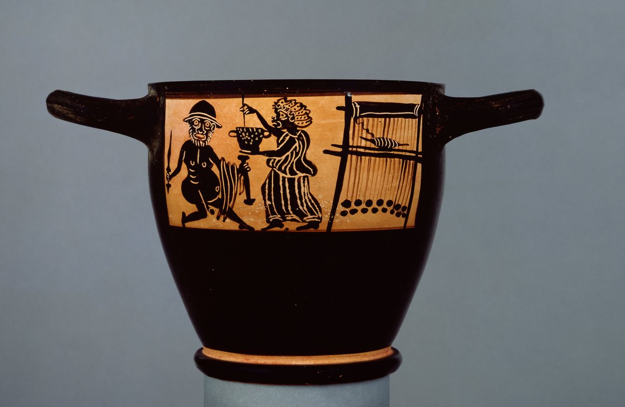 Boeotisk skyphos med svart figur, dekorert med en scene av Odyssevs som ble gitt en dopet trylledrikk av Circe, fra verkstedet til Mystae-maleren, fra Theben, Boeotia, sent på 500-tallet f.Kr. (keramikk) (r av Greek
