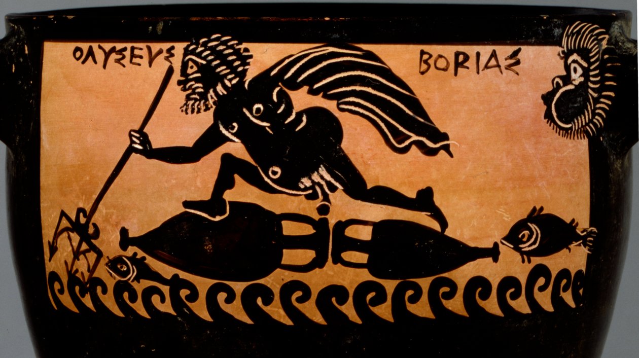 Boeotisk skyphos med svart figur, dekorert med en scene av Odyssevs som ble blåst over havet av Boreas, fra verkstedet til Mystae-maleren, Theben, Boeotia, sent på 500-tallet f.Kr. (keramikk) (detalj av Greek