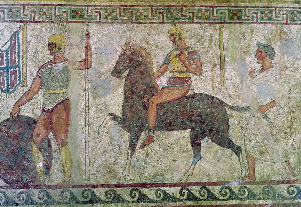 Kavalerist og en fotsoldat, gravmaleri fra Paestum av Greek