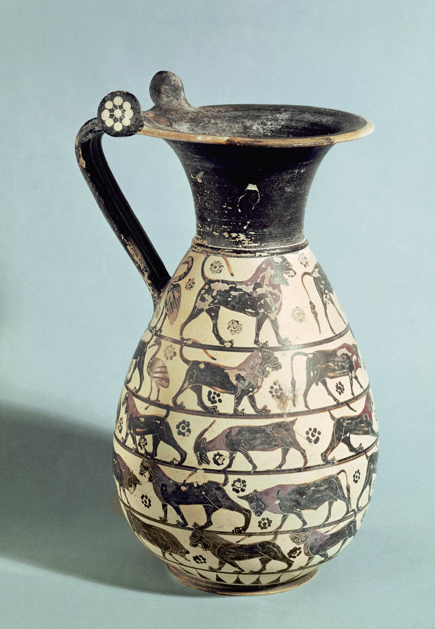 Korintisk oinochoe dekorert med løver, fra Vulci, ca. 530-520 f.Kr. (keramikk) av Greek
