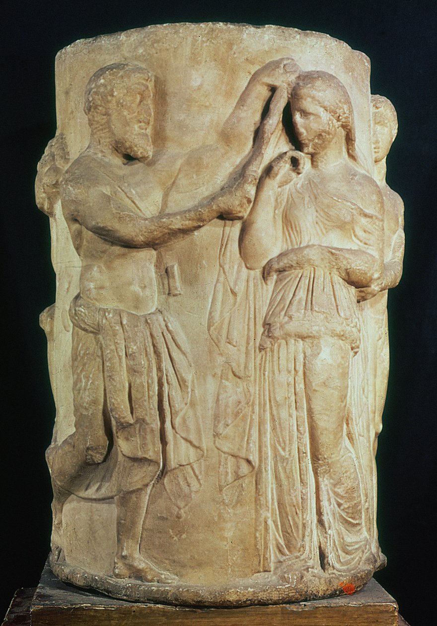 Sylindrisk alter som viser offeret til Alceste (marmor) av Greek