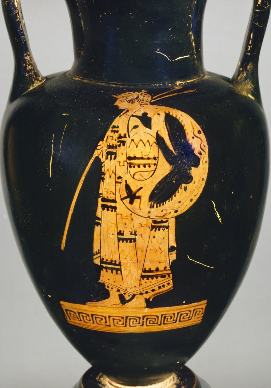 Detalj fra en atisk rød-figur hals amfora av en kriger figur (keramikk) av Greek