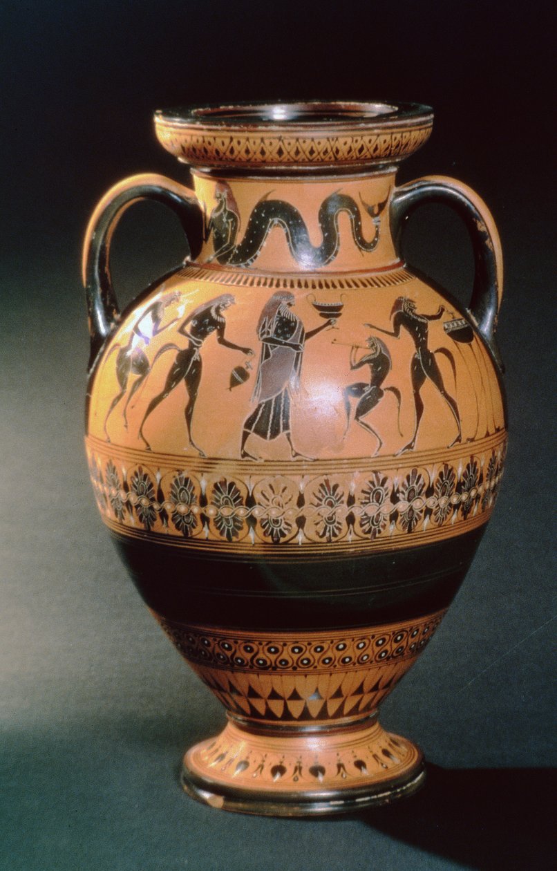 Jonisk svart figuramfora, som viser en havmann og et offerritual, ca. 540-530 f.Kr. (lertøy) av Greek