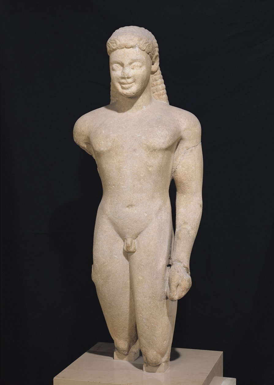 Kouros, fra Paros, nær helligdommen til Asklepios, ca. 540 f.Kr. (marmor) (se også 98017, 164837-164839) av Greek