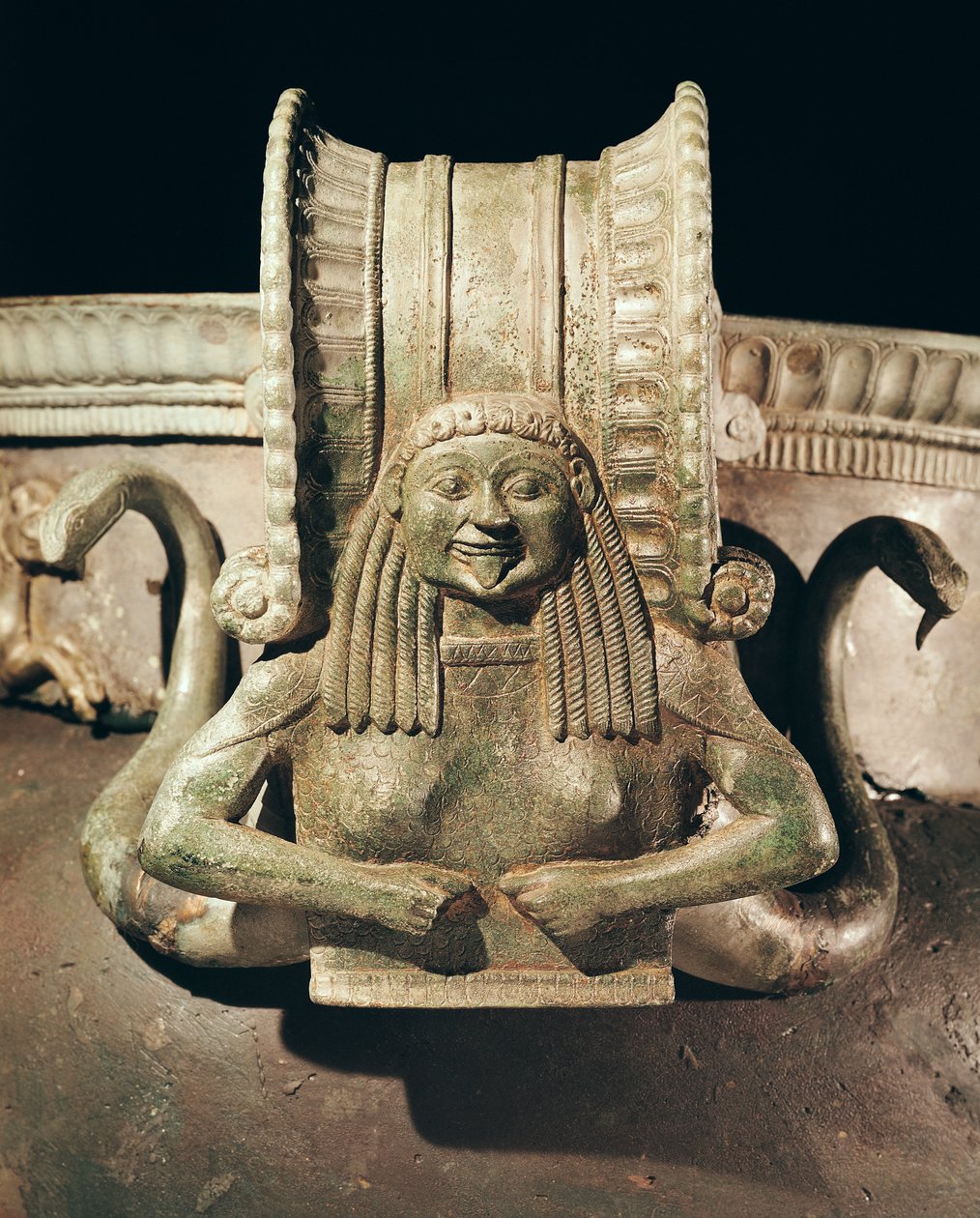 Krater, detalj av håndtaket, fra Trebeniste Necropolis, Lake Ohrid, Makedonia bronse detalj av 243734 av Greek