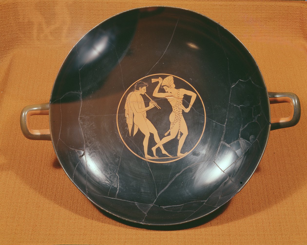 Kylix skildrer en fløytespiller og en danser, ca. 520-10 (keramikk) av Greek