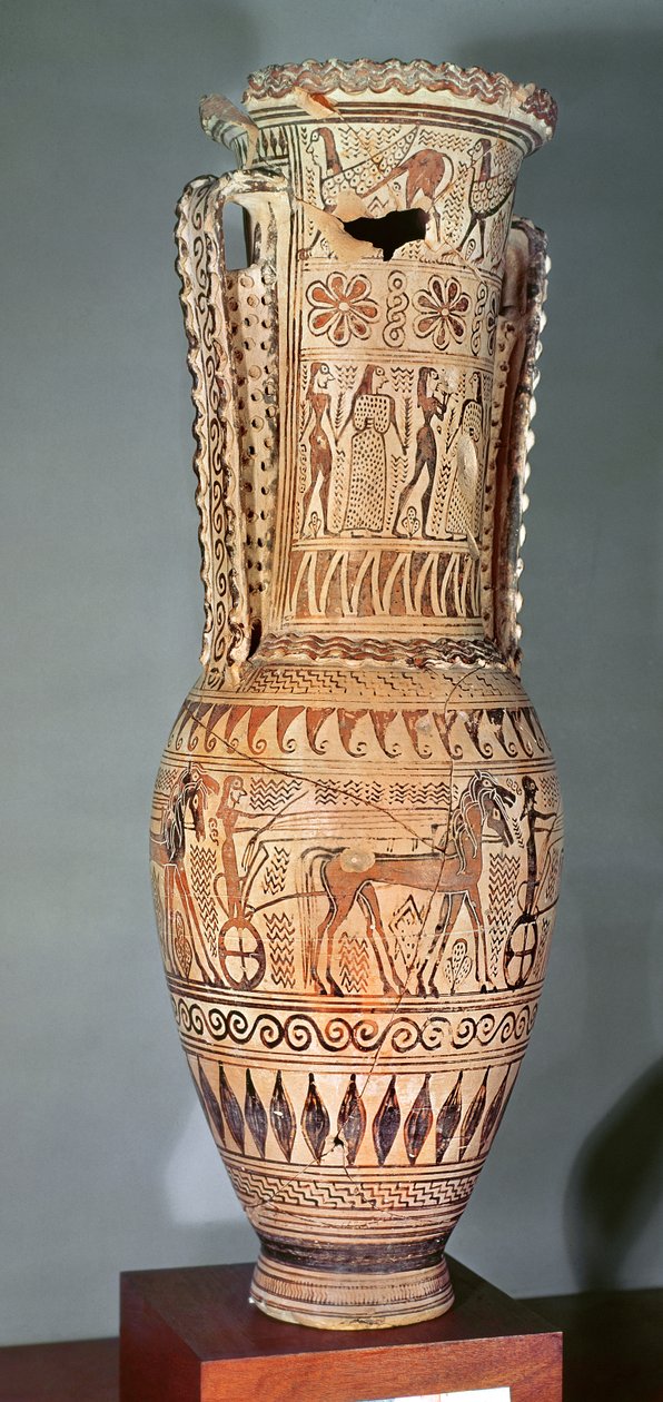 Loutrophoros som viser en sfinx, forskjellige figurer og en parade av stridsvogner, Proto-Attic, ca. 690 f.Kr. (keramikk) av Greek